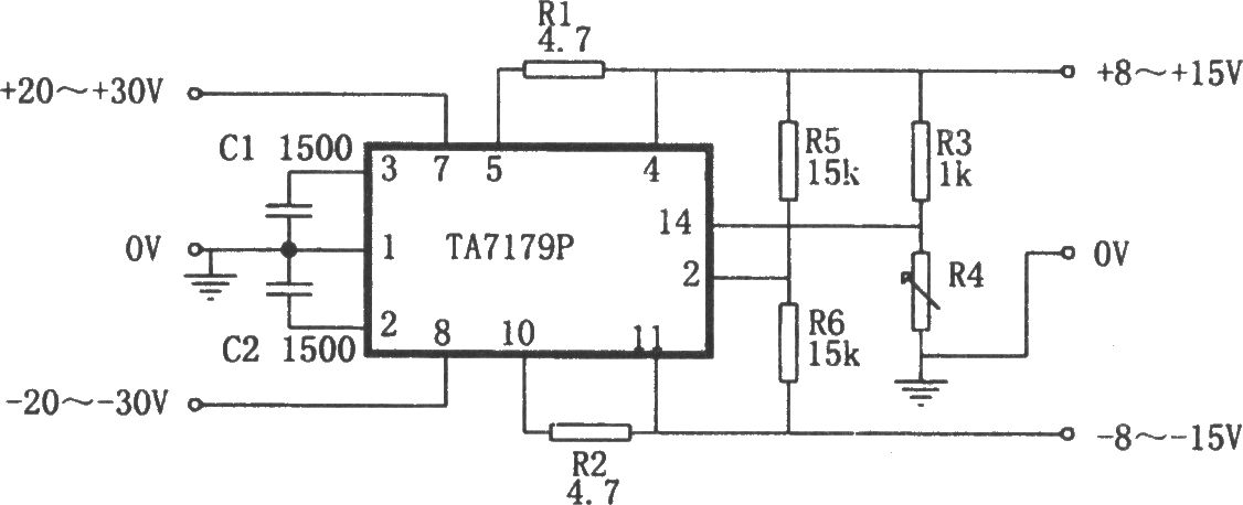 《TA7179P构成的对称型同步可调稳压电源》相关图片 TA7179P构成的对称型同步可调稳压电源
