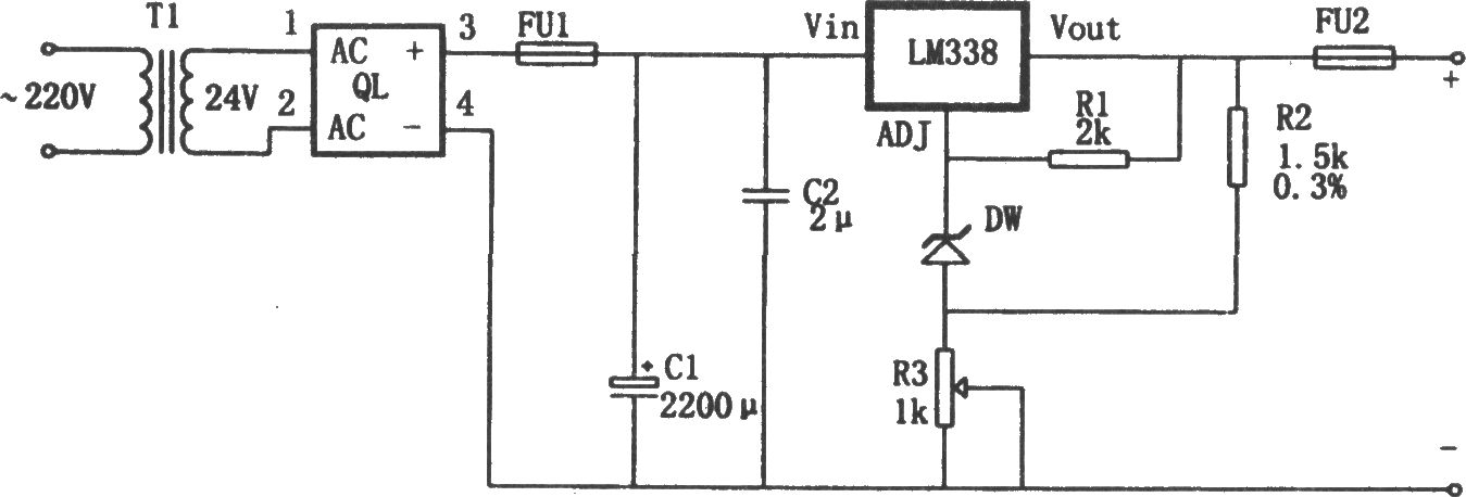 《LM338构成的高精度大电流稳压电源》相关图片 LM338构成的高精度大电流稳压电源