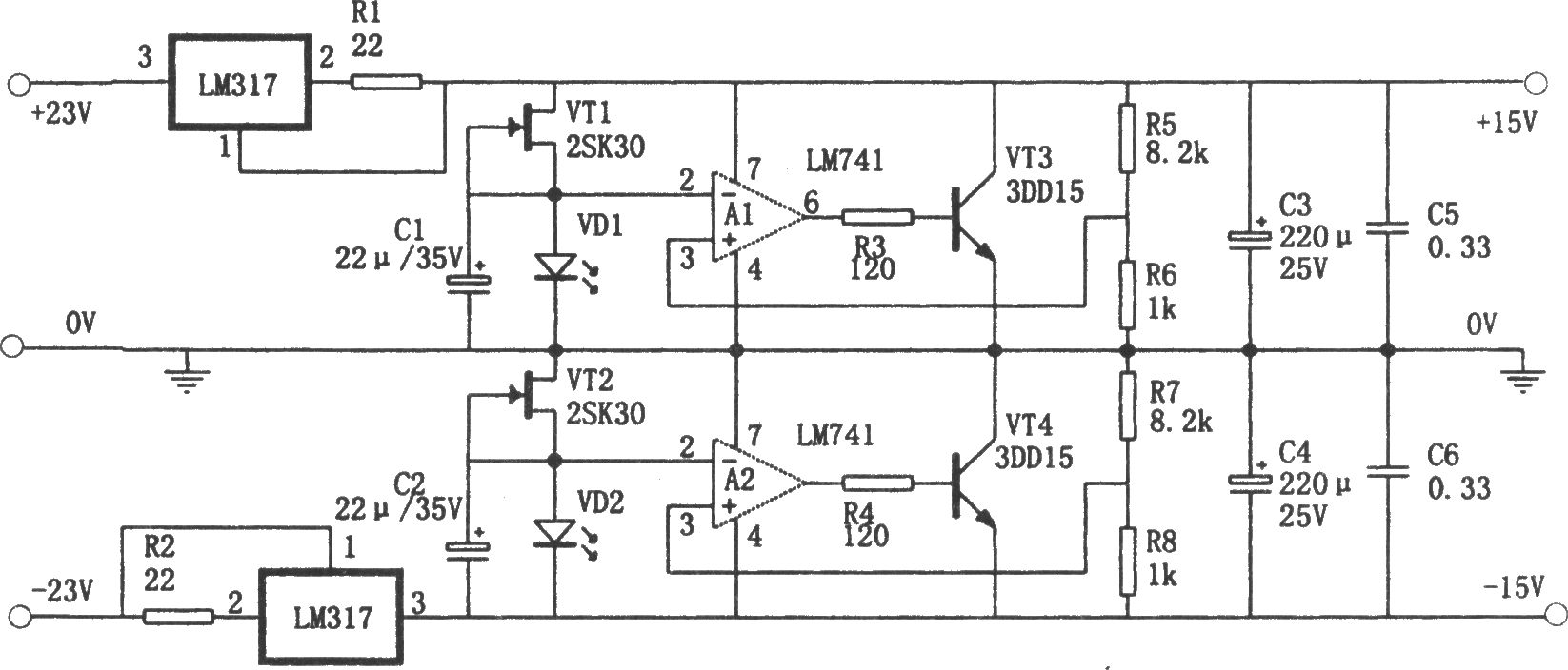 《LM317构成的恒流并联稳压电源》相关图片 LM317构成的恒流并联稳压电源