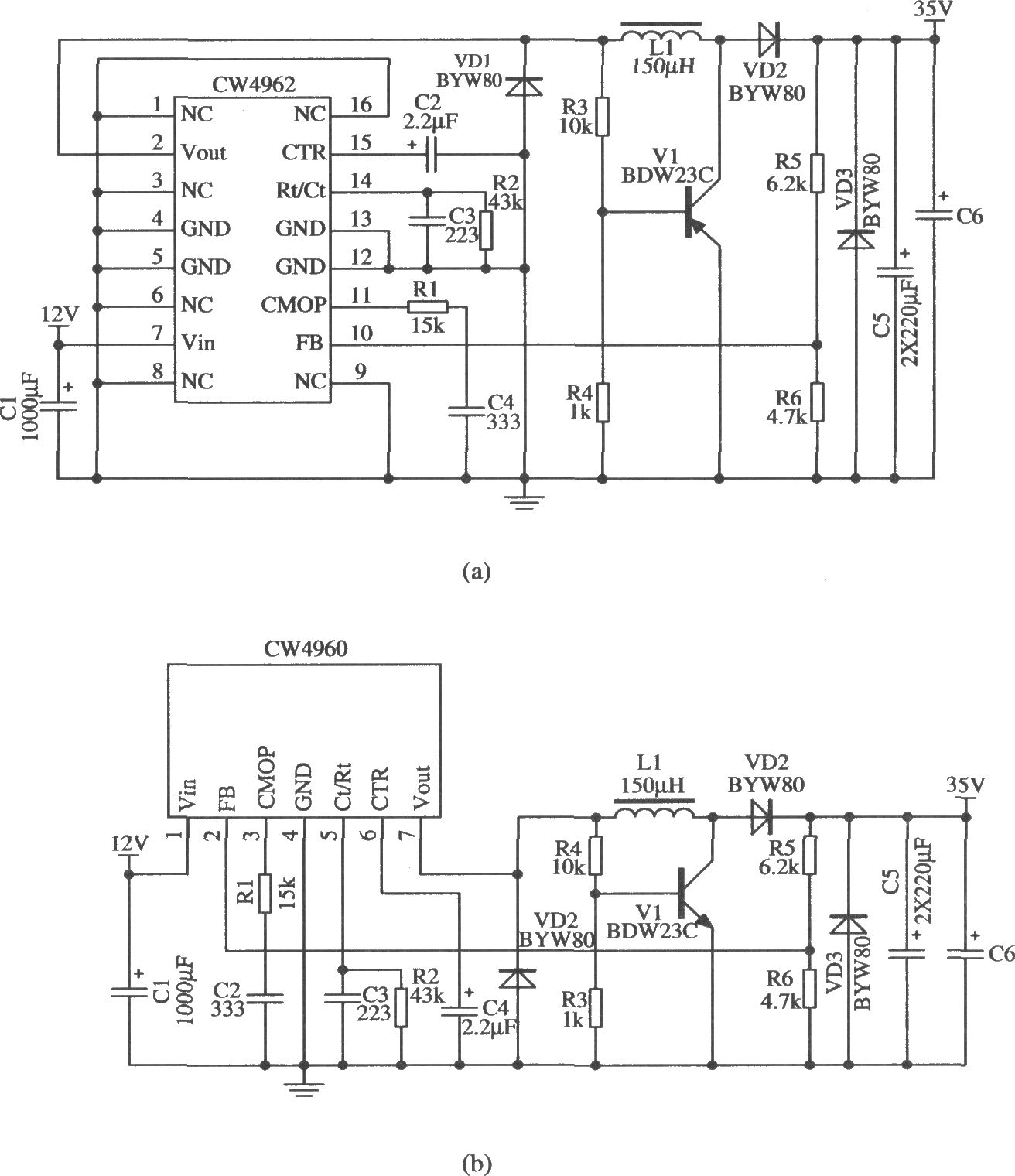 《与外接元器件构成升压型应用电路(CW4962/CW4960)》相关图片 与外接元器件构成升压型应用电路(CW4962/CW4960)