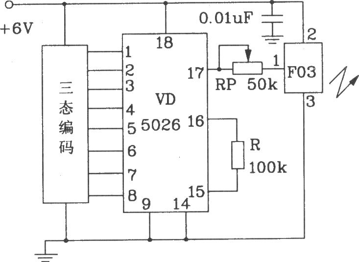 《由F03/J02B构成的遥控编码发射、解码接收电路图》相关图片 由F03/J02B构成的遥控编码发射、解码接收电路图